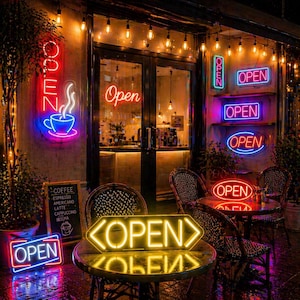 May include: Exterior of a cafe at night, illuminated by numerous neon "OPEN" signs in various colors. A neon coffee cup sign is also visible. Tables and chairs are set up outside, with a chalkboard menu.