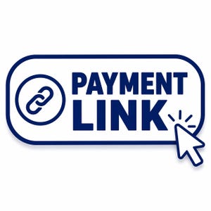 May include: A blue and white graphic with the words "PAYMENT LINK" in bold text. A chain link icon is on the left, and a white cursor points to the right. The design is on a white background.