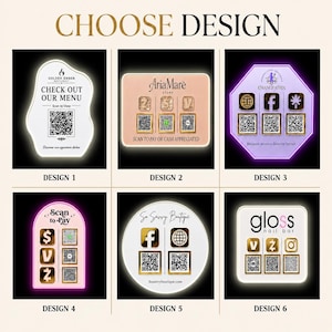 May include: A collection of six illuminated acrylic signs featuring various business logos, social media icons, and QR codes for digital payments or menus. Each sign displays unique branding, including Golden Ember, AriaMare, and Gloss Nail Bar.