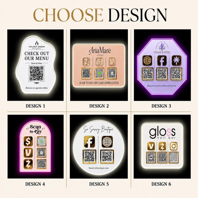 May include: A collection of six illuminated acrylic signs featuring various business logos, social media icons, and QR codes for digital payments or menus. Each sign displays unique branding, including Golden Ember, AriaMare, and Gloss Nail Bar.