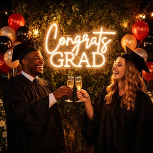 May include: Two people in graduation gowns toast with champagne flutes under a neon "Congrats Grad" sign. The background includes balloons in red, gold, and black, and string lights, creating a celebratory atmosphere.