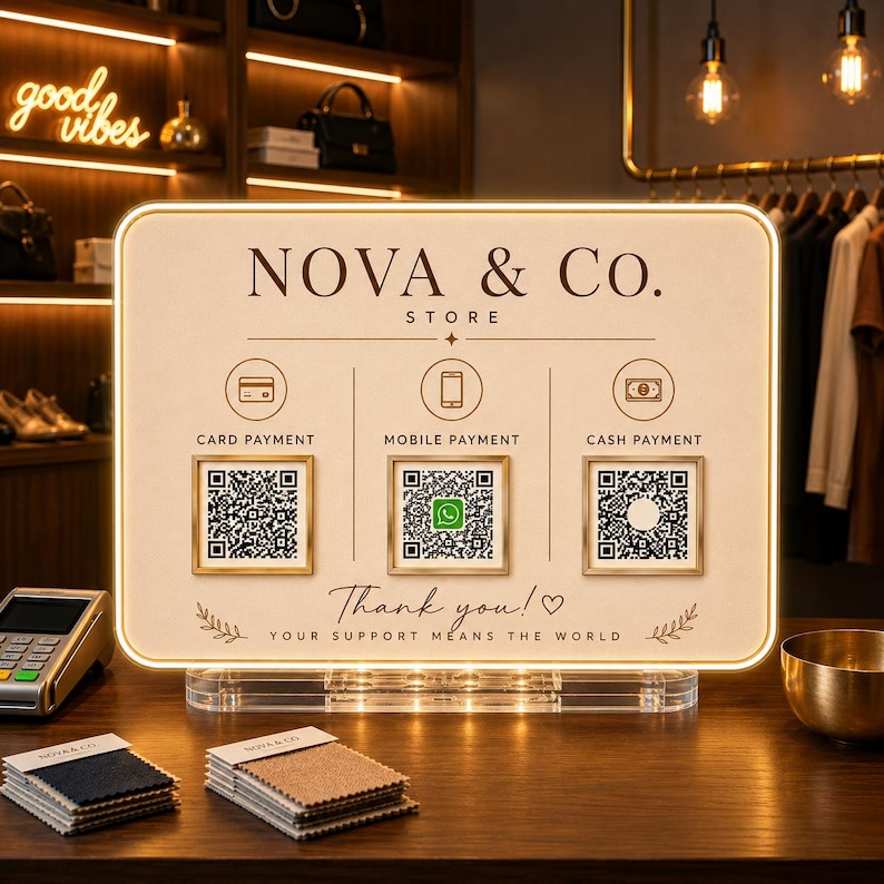 May include: A rectangular, illuminated payment sign for Nova & Co. Store featuring three sections for card, mobile, and cash payments with QR codes. The sign includes the text 'Thank you! Your support means the world' and sits on a clear acrylic base.