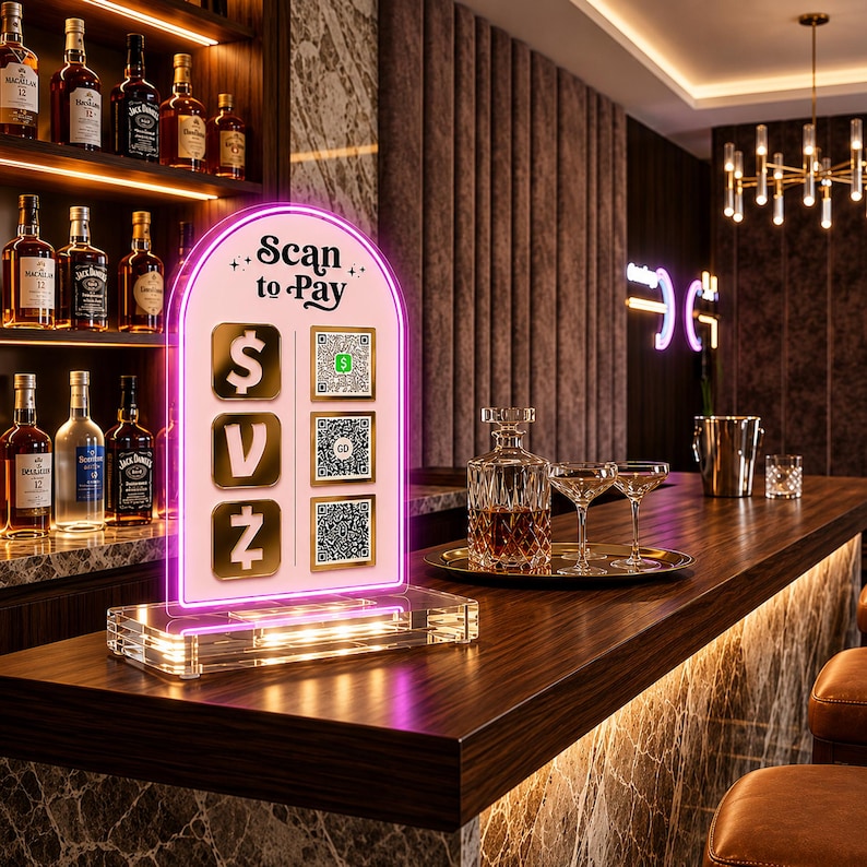 May include: An arched acrylic payment sign with a pink neon border and a clear base. The sign features the text "Scan to Pay" at the top, with three gold square icons on the left displaying currency symbols and three QR codes on the right side.