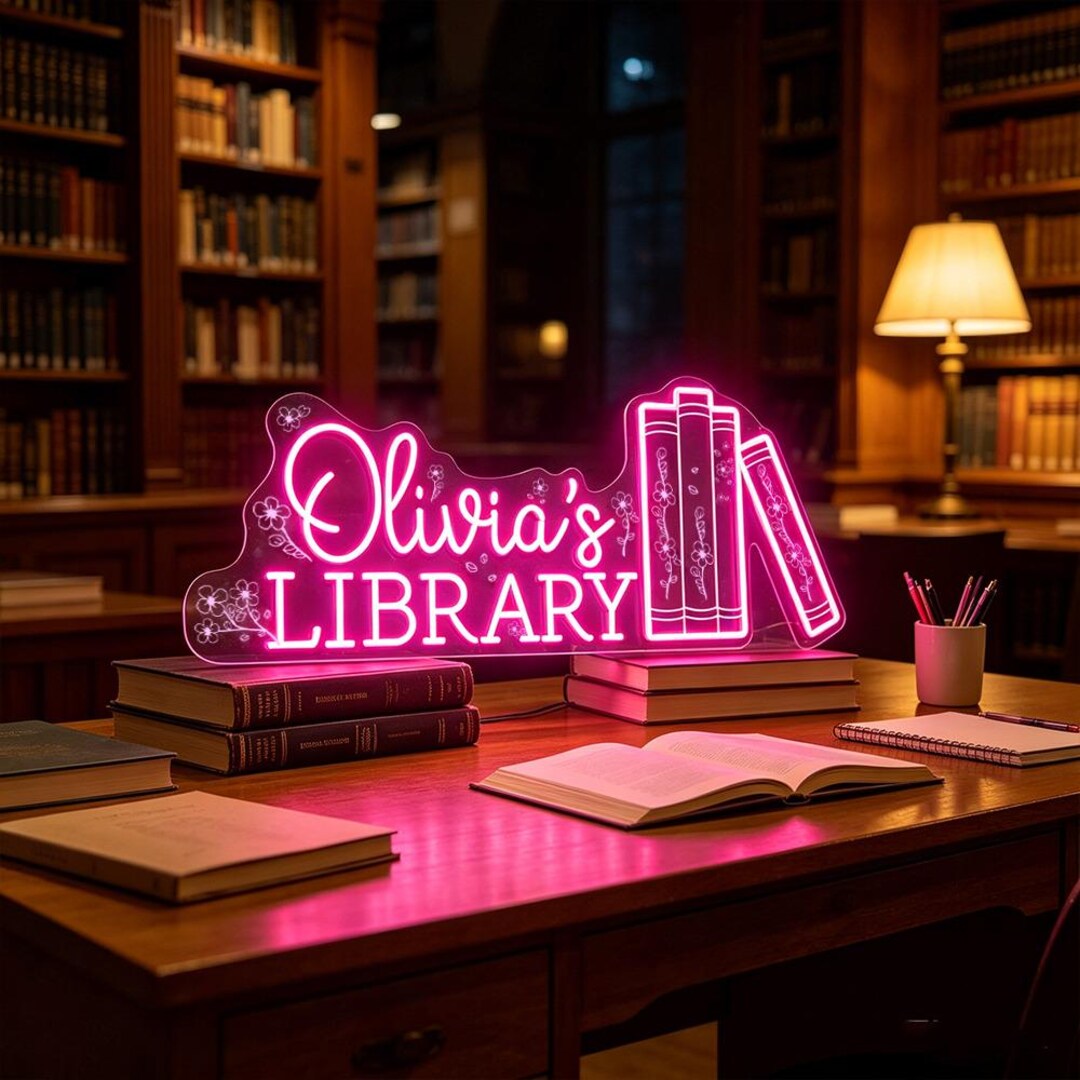 Custom Library Neon Sign, Personalized Name LED Sign, Book Lover Gift ...