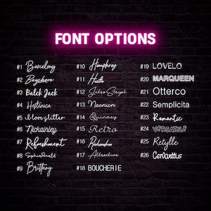 May include: A digital chart titled FONT OPTIONS in glowing pink neon text against a dark brick background. It lists twenty-six numbered font styles, including Barcelony, Bayshore, Balck Jack, Hystenica, I love glitter, Nickainley, Refreshment, and others.