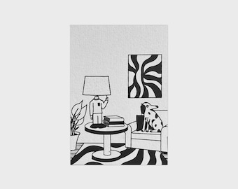 Zondag uitschakelen | Gezellige woonkamerillustratie | Risografiekaart 10 x 15 cm