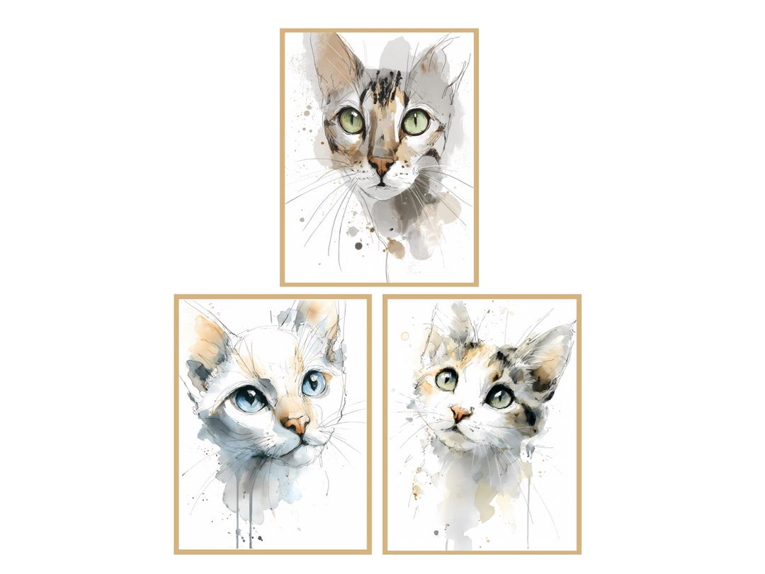 Cat Wall Art Set of 3, Cat Print Set, Cute Cat Wall Art, Kitten ...