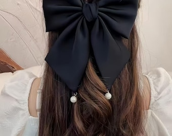 Oversized Satin Bow Hair Clip, Big Ribbon French Barrette with Pearl Accent