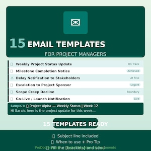May include: A teal graphic with the text "15 EMAIL TEMPLATES FOR PROJECT MANAGERS." The image lists email templates, including "Weekly Project Status Update" and "Milestone Completion Notice." The image also includes the text "15 TEMPLATES READY."