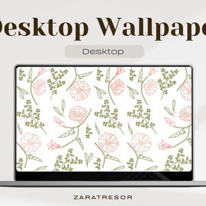 Peut inclure: Ordinateur portable affichant un fond d'écran floral. Le fond d'écran présente un motif répété de fleurs roses et de feuillage vert sur un fond blanc. L'ordinateur portable est argenté et l'écran affiche le texte "Desktop Wallpaper" et "Desktop".