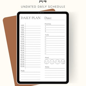 Peut inclure: Planificateur quotidien numérique sur une tablette, avec un emploi du temps quotidien non daté. Le planificateur comprend des sections pour les créneaux horaires, les priorités, les listes de tâches, le suivi de l'humeur avec des emojis et des notes. Le texte "DIGITAL DAILY PLANNER A4" est en haut.