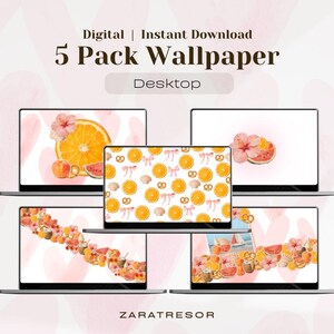 Peut inclure: Un ensemble de 5 fonds d'écran numériques pour ordinateur affichant cinq écrans d'ordinateurs portables avec des illustrations à l'aquarelle de tranches d'orange, nœuds roses, coquillages, bretzels et fleurs d'hibiscus avec le texte Digital Instant Download 5 Pack Wallpaper Desktop ZARATRESOR.
