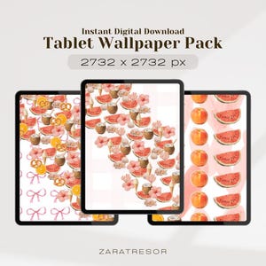 May include: Three digital tablet wallpapers with summer-themed designs. One features watermelon slices, peaches, and coconuts. Another displays peaches and watermelon slices. The third showcases watermelon, pretzels, and bows. The text reads "Instant Digital Download Tablet Wallpaper Pack 2732 x 2732 px".