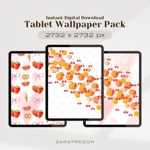 May include: Three digital tablet wallpapers with fruit designs. One features strawberries, watermelon, and pretzels. Another displays peaches, oranges, and cherries. The third has a similar fruit arrangement. The text reads "Tablet Wallpaper Pack".