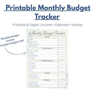 Peut inclure: Un suivi budgétaire mensuel imprimable avec des sections pour les revenus, les dépenses fixes, les dépenses variables et l'épargne. Le document comprend des champs pour le salaire, le loyer, l'épicerie, etc. Le texte "Printable & Digital" est également visible.