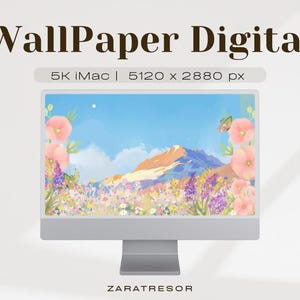 Peut inclure: Un ordinateur iMac argenté affiche un fond d'écran numérique avec un paysage. Le fond d'écran présente une chaîne de montagnes, un ciel bleu et des fleurs colorées. Le texte à l'écran indique "5K iMac | 5120 x 2880 px". Les mots "WallPaper Digital" sont en haut.