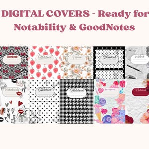 Peut inclure: Diverses couvertures de cahiers numériques avec des motifs variés : zébré, fraises, floral, pois et pied-de-poule. Chaque couverture comporte un espace pour le titre et est prête pour Notability & GoodNotes.