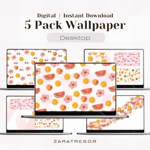 May include: A digital 5 pack wallpaper set for desktop computers featuring five laptop screens displaying various patterns of watercolour fruits, flowers, and bows in shades of pink, orange, and white. The text reads Digital | Instant Download 5 Pack Wallpaper Desktop ZARATRESOR.