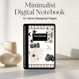 May include: A digital notebook with a minimalist design. The cover features a black and white film strip border, with decorative elements including a camera, playing card, and starfish. The text "Minimalist Digital Notebook" and "31 Hand-Designed Pages" are displayed at the top.