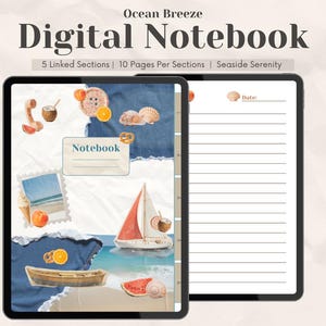 Peut inclure: Cahier numérique sur le thème de la plage. La couverture présente des illustrations à l'aquarelle d'un voilier, de coquillages et d'oranges. Le texte "Ocean Breeze Digital Notebook" est affiché en haut. Le cahier comprend 5 sections liées et 10 pages par section.