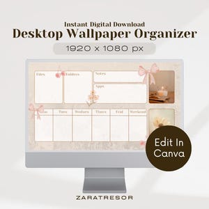Peut inclure: Un écran d'ordinateur affichant un organisateur de fond d'écran de bureau. Le design présente des sections pour les fichiers, les dossiers, les notes et les applications, ainsi qu'un planificateur hebdomadaire. Le texte "Desktop Wallpaper Organizer" et "Edit in Canva" sont visibles.