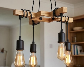 Lámpara de araña industrial de madera, lámpara de techo rústica de 4 luces, iluminación colgante de estilo granja, luminaria Edison vintage.