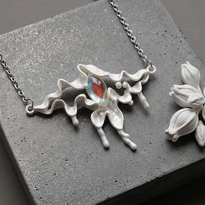 White Drip Faux-Opal Necklace, Surreal Liquid Metal Pendant, Y2K Statement Choker