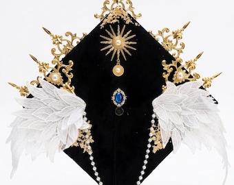 Baroque Angel Wing Graduation Cap Topper, Gold Sun Pearl Mortarboard Accessory