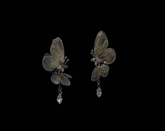 Pendientes colgantes de mariposa 3D de plata, pendientes colgantes de alas de hada con filigrana, joyería nupcial de mariposa de cristal, regalo romántico para ella.