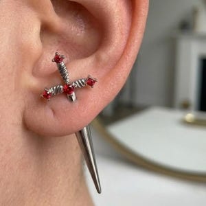 Gothic Sword Dagger Earrings, Red Crystal Cross Rapier Studs, Dark Academia Jewelry, Vampire Aesthetic Piercing