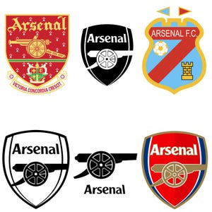 May include: A selection of Arsenal Football Club logos. The designs include a cannon, the team name, and crests in red, gold, black, and white. Some logos feature the motto "Victoria Concordia Crescit".