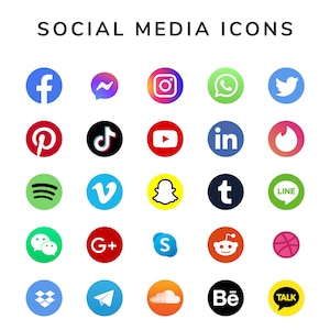May include: A collection of colorful social media icons, including Facebook, Instagram, Twitter, and YouTube, arranged on a white background. The text "SOCIAL MEDIA ICONS" is displayed at the top in black.
