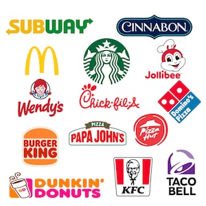 May include: A collection of logos from various fast-food restaurants, including Subway, McDonald's, Wendy's, Burger King, Dunkin' Donuts, KFC, Taco Bell, and others. The logos are in their original colors and designs, set against a white background.