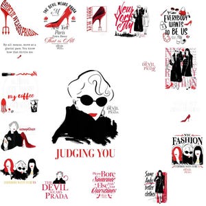 Puede incluir: Una colección de ilustraciones de moda con tacones altos, texto y figuras estilizadas. Los diseños incorporan elementos rojos, negros y blancos, con frases como "The Devil Wears Prada" y "Judging You".