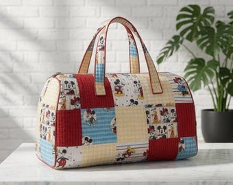 Retro Friends Quilted Weekender Bag, Patchwork Travel Tote, Magical Vacation Duffel, Floral Hippie Overnight Bag Gift for Him and Her