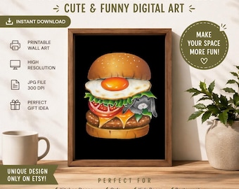 Hidden Bunny Printable Wall Art, Funny Rabbit Burger Poster, Whimsical Kitchen Decor, Cute Bunny Digital Download Designed for A3 printing.