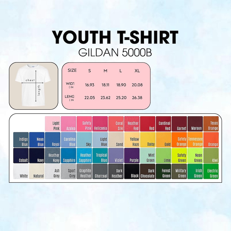 K&ouml;nnte beinhalten: Wei&szlig;es Jugend-T-Shirt mit Gr&ouml;&szlig;en- und Farboptionen. Die Abmessungen des Shirts sind in Zoll angegeben. Farbmuster umfassen Indigo Blue, Neon Blue und Safety Green. Der Text auf dem Bild lautet "YOUTH T-SHIRT" und "GILDAN 5000B".