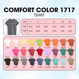 K&ouml;nnte beinhalten: Ein Comfort Colors 1717 T-Shirt in verschiedenen Farben, darunter Wei&szlig;, Elfenbein und Schwarz. Das Bild zeigt eine Gr&ouml;&szlig;entabelle mit Breiten- und L&auml;ngenma&szlig;en in Zoll f&uuml;r die Gr&ouml;&szlig;en S bis 3XL. Das Shirt ist in einer gro&szlig;en Auswahl an Farben erh&auml;ltlich.