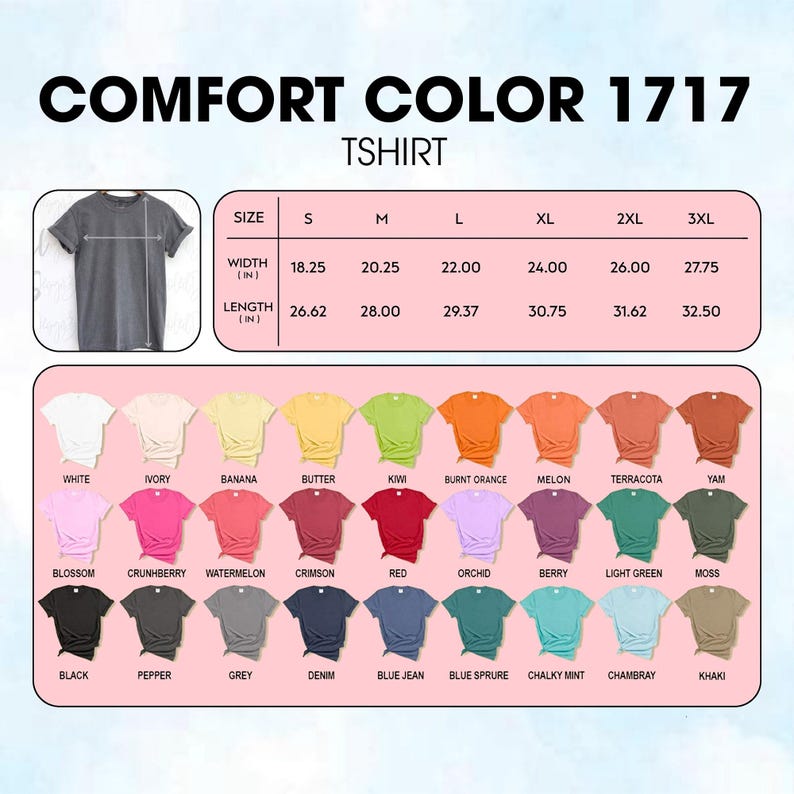K&ouml;nnte beinhalten: Ein Comfort Colors 1717 T-Shirt in verschiedenen Farben, darunter Wei&szlig;, Elfenbein und Schwarz. Das Bild zeigt eine Gr&ouml;&szlig;entabelle mit Breiten- und L&auml;ngenma&szlig;en in Zoll f&uuml;r die Gr&ouml;&szlig;en S bis 3XL. Das Shirt ist in einer gro&szlig;en Auswahl an Farben erh&auml;ltlich.