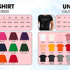 K&ouml;nnte beinhalten: Das Bild zeigt Gildan 18000 Sweatshirts und Gildan 5000 Unisex-T-Shirts. Die Sweatshirts sind in verschiedenen Farben erh&auml;ltlich, mit Gr&ouml;&szlig;entabellen, die Breiten von 50.8 cm bis 86.36 cm und L&auml;ngen von 68.58 cm bis 86.36 cm angeben. Die T-Shirts haben auch mehrere Farben und Gr&ouml;&szlig;entabellen.