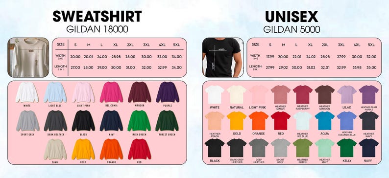 K&ouml;nnte beinhalten: Das Bild zeigt Gildan 18000 Sweatshirts und Gildan 5000 Unisex-T-Shirts. Die Sweatshirts sind in verschiedenen Farben erh&auml;ltlich, mit Gr&ouml;&szlig;entabellen, die Breiten von 50.8 cm bis 86.36 cm und L&auml;ngen von 68.58 cm bis 86.36 cm angeben. Die T-Shirts haben auch mehrere Farben und Gr&ouml;&szlig;entabellen.