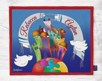 Birds of Israel Personalized Challah Cover WASHABLE | Shabbat Challah Cover | Unique Jewish Gift | Jewish Wedding Gift | Israeli Artist