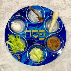 Gold/Blue Acrylic Passover Seder Plate: Jewish Holiday Decor