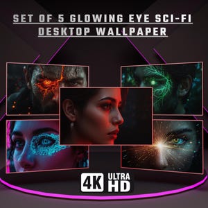 May include: A set of 5 glowing eye sci-fi desktop wallpaper images in 4K Ultra HD. The collection features digital portraits with glowing red, green, blue, and golden light effects around the eyes, including circuit patterns and starbursts.