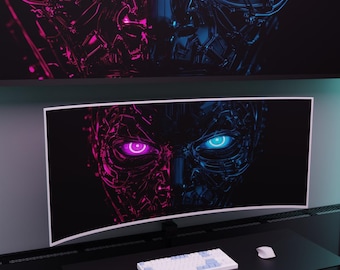 Cyberpunk Samurai Desktop Wallpaper Set of 5, Dark Neon Mecha Anime PC Background, Gamer Setup Ultrawide Monitor 4K HD Digital Download