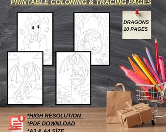 Dragon Coloring Pages, Bold Tracing Pack, Fantasy Art, Drawing Practice (PDF Download)