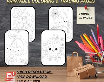 Fruit Coloring Pages for Kids, Bold Tracing Pack, Drawing Practice (PDF Download)