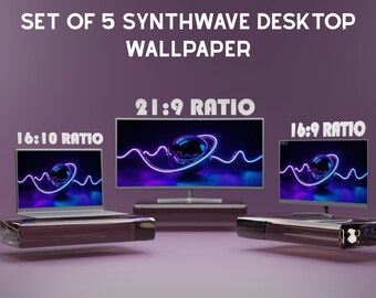 Synthwave Desktop Wallpaper Set of 5, Retrowave Neon Purple PC Background, Futuristic Grid Landscape Ultrawide Monitor 4K Digital Download
