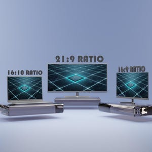 Può includere: Tre schermi elettronici su uno sfondo azzurro. Un portatile etichettato 16:10 RATIO, un monitor ampio etichettato 21:9 RATIO e un monitor standard etichettato 16:9 RATIO, tutti mostrano un motivo a griglia blu luminoso sugli schermi.