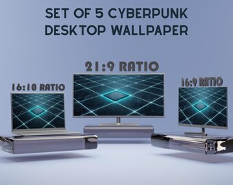 Cyberpunk Desktop Wallpaper Set of 5, Futuristic Dark Tech PC Background, Minimalist Neon Blue Grid Ultrawide Monitor 4K HD Digital Download